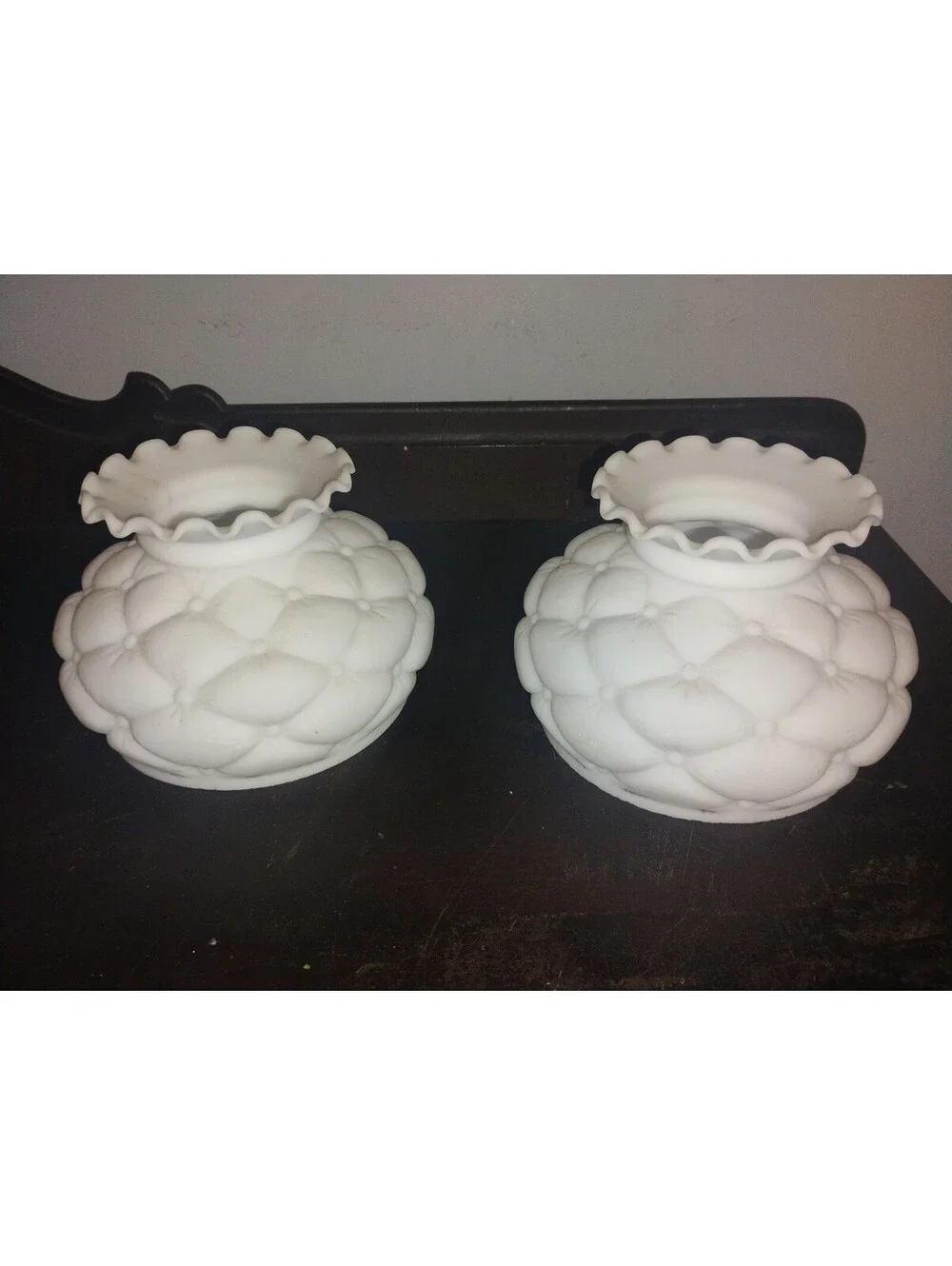 Vintage Milk Glass Lamp Shades Pair Quilted Diamond Pattern Ruffled Edge 2pc